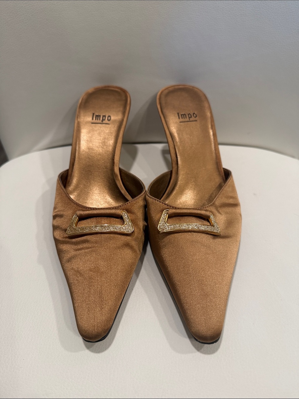 Impo Bronze-Glazed Pointed Slip-On Mules with Sparkle Buckle